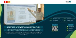 Flyer promoting the BPN Uganda marketing seminar “5 Steps to a Powerful Marketing Plan,” including dates, location, and registration details