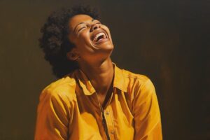 Woman laughing with eyes closed, illustrating the emotional response triggered by humor.