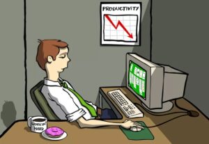 Office worker procrastinating at computer while productivity declines — illustration for overcoming procrastination with BPN Uganda. 